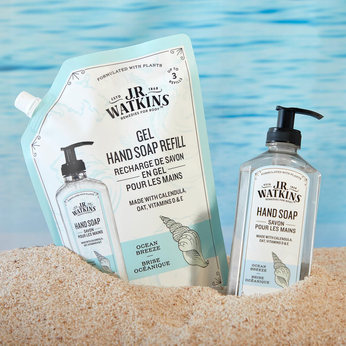 J.R. Watkins Ocean Breeze refill placed on bathroom counter for fresh scent benefit