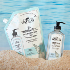 J.R. Watkins Ocean Breeze refill placed on bathroom counter for fresh scent benefit