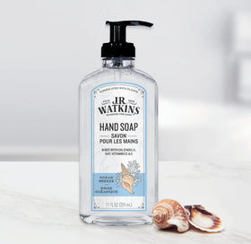 J.R. Watkins bottle in bathroom setting creating a fresh atmosphere