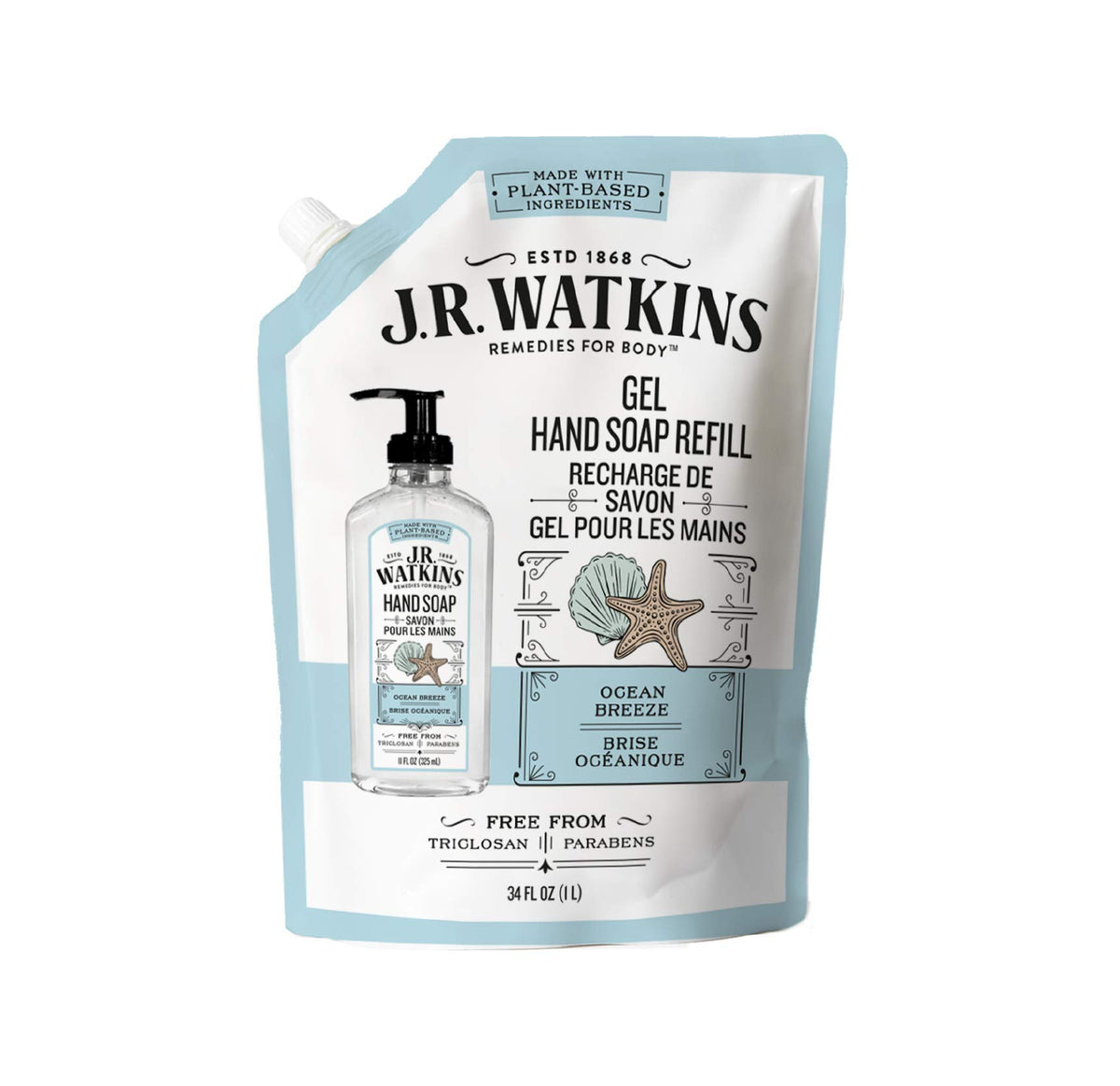 J.R. Watkins front view of 34 fl oz Ocean Breeze refill showing packaging and value