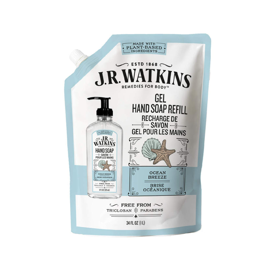 J.R. Watkins front view of 34 fl oz Ocean Breeze refill showing packaging and value