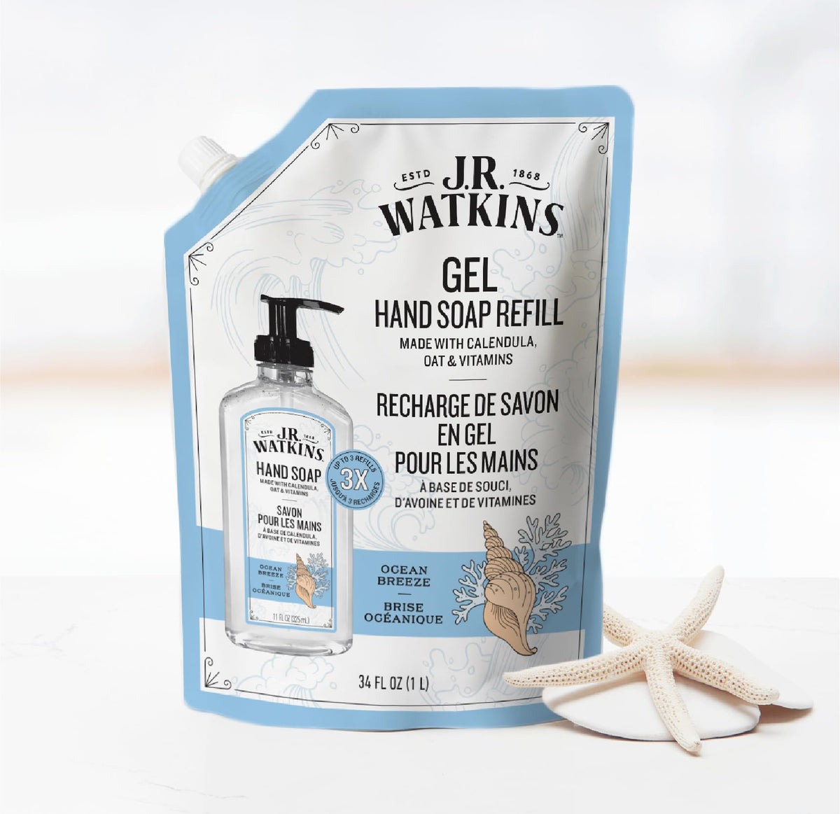 J.R. Watkins pouch pouring into pump bottle demonstrating easy refill use