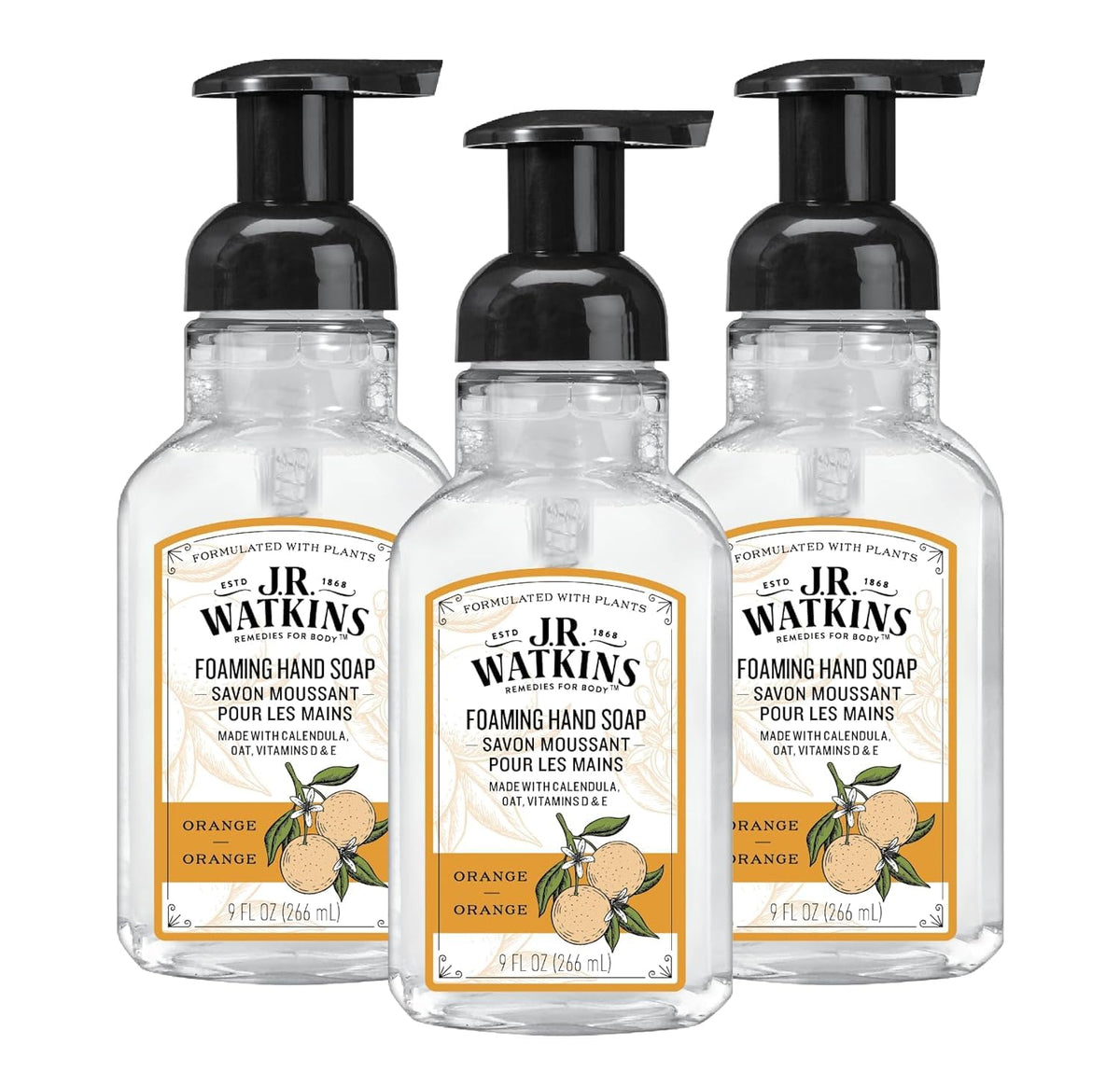 J.R. Watkins front packaging showing orange foaming hand soap and pump benefits