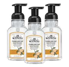J.R. Watkins front packaging showing orange foaming hand soap and pump benefits