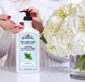 J.R. Watkins bottle staged in bathroom conveying post-shower use