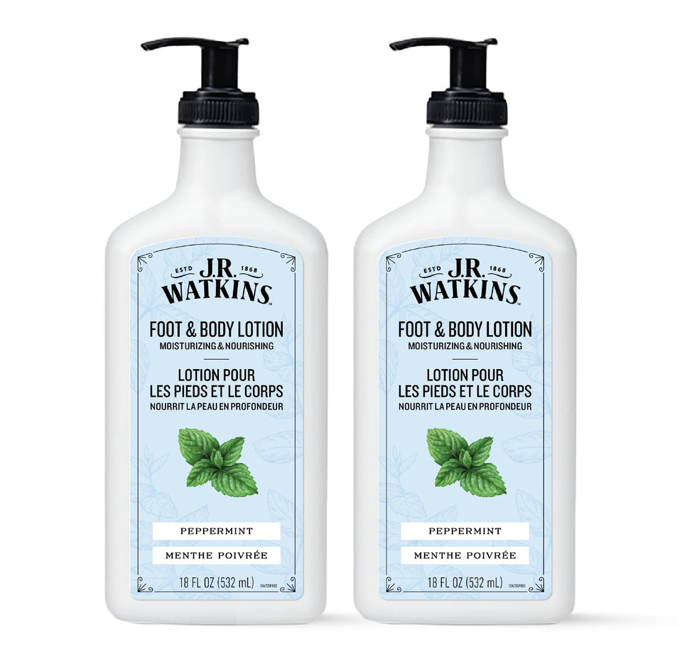 J.R. Watkins front packaging showing peppermint lotion and clear branding