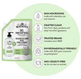 J.R. Watkins pouch pouring gel into dispenser for easy refill benefit