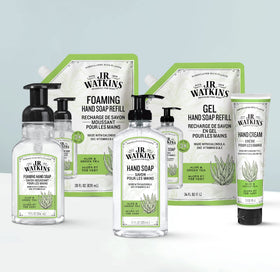 J.R. Watkins pouch being poured into pump bottle for quick refill