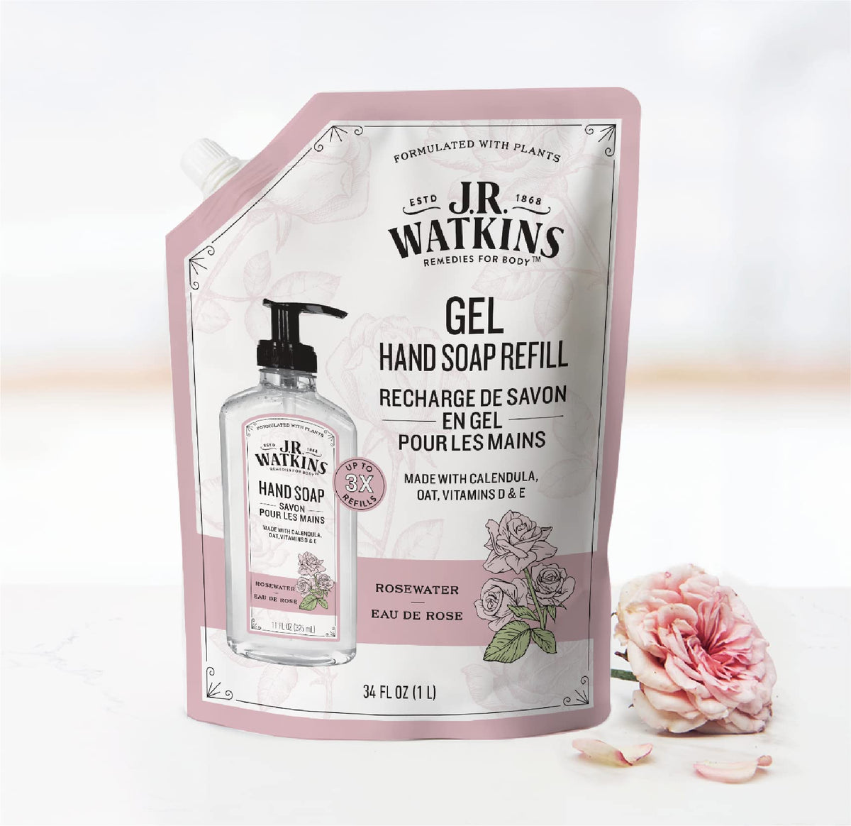 J.R. Watkins dispenser in bathroom setting showing subtle rose scent
