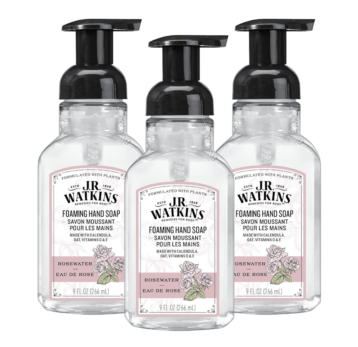 J.R. Watkins front packaging showing rosewater bottle and benefit of gentle cleansing
