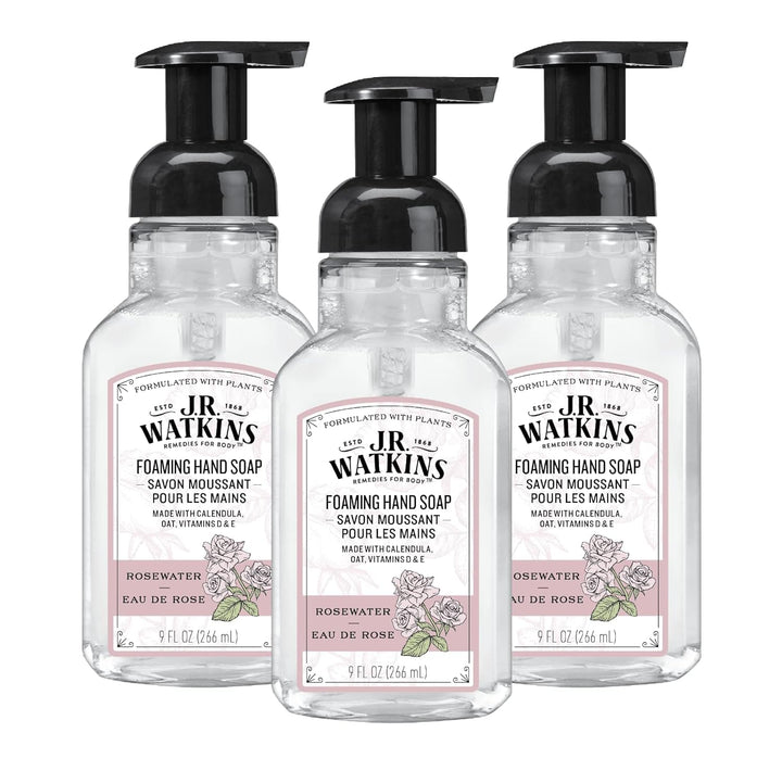 J.R. Watkins front packaging showing rosewater bottle and benefit of gentle cleansing
