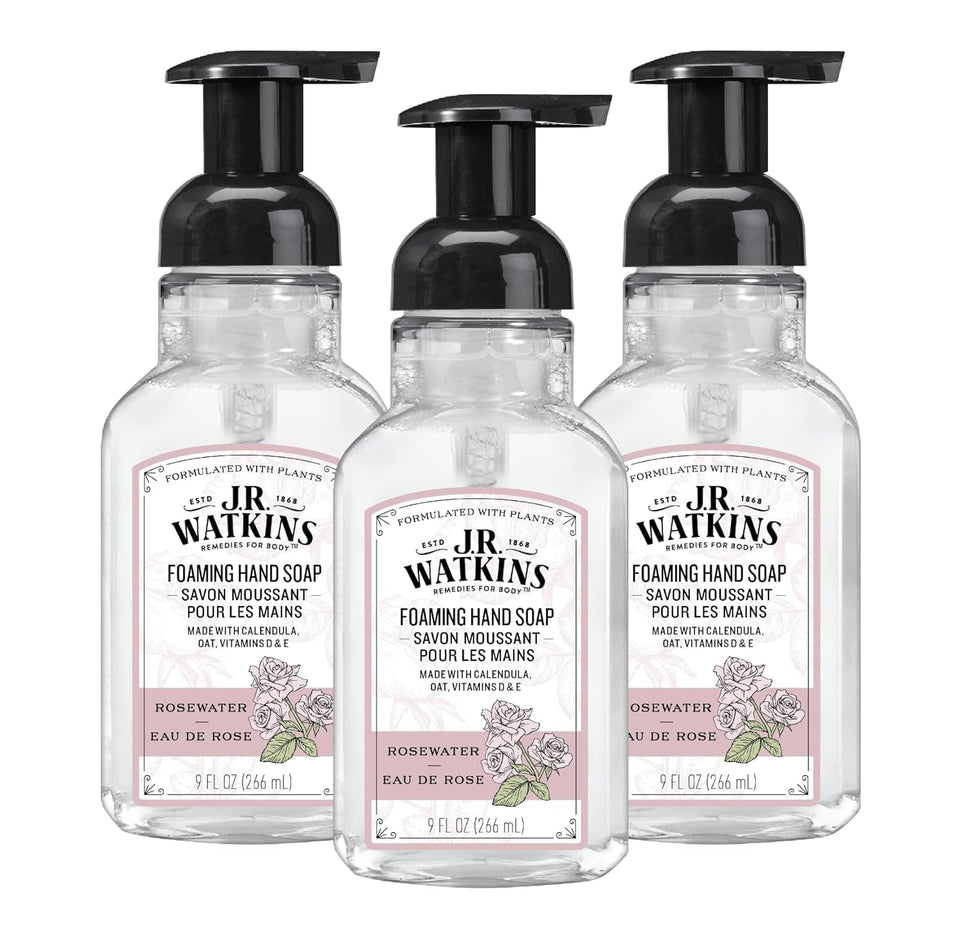 J.R. Watkins front packaging showing rosewater bottle and benefit of gentle cleansing