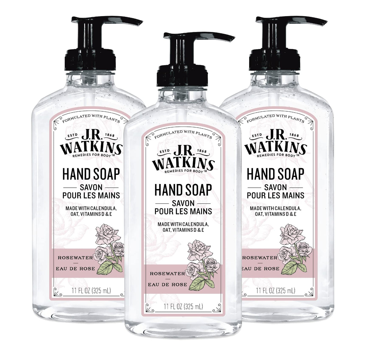 J.R. Watkins front packaging showing three rosewater gel hand soap bottles for gentle cleansing