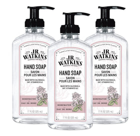 J.R. Watkins front packaging showing three rosewater gel hand soap bottles for gentle cleansing
