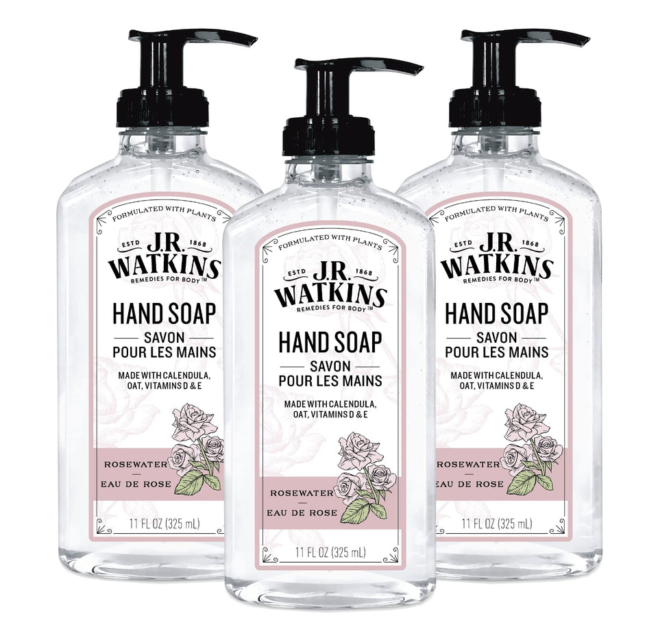 J.R. Watkins front packaging showing three rosewater gel hand soap bottles for gentle cleansing
