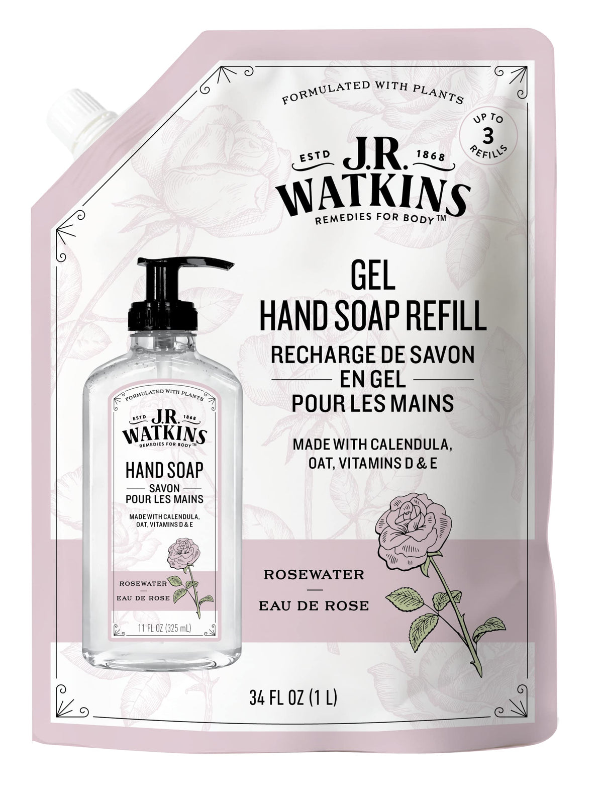 J.R. Watkins front-facing refill pouch showing product and volume benefits