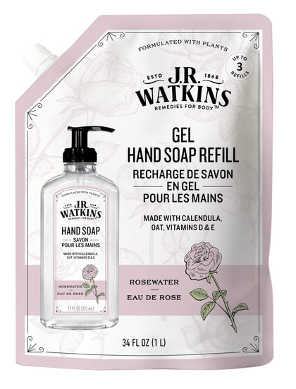 J.R. Watkins front-facing refill pouch showing product and volume benefits