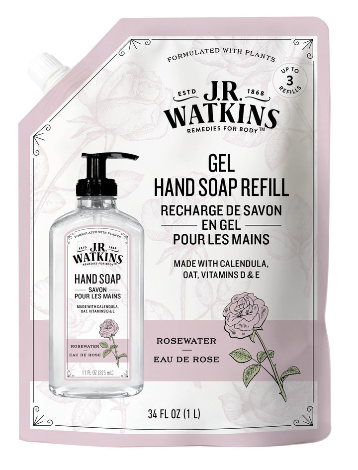 J.R. Watkins front-facing refill pouch showing product and volume benefits
