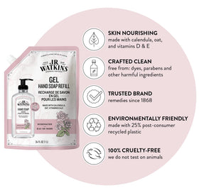 J.R. Watkins pouch pouring into dispenser for easy refill savings