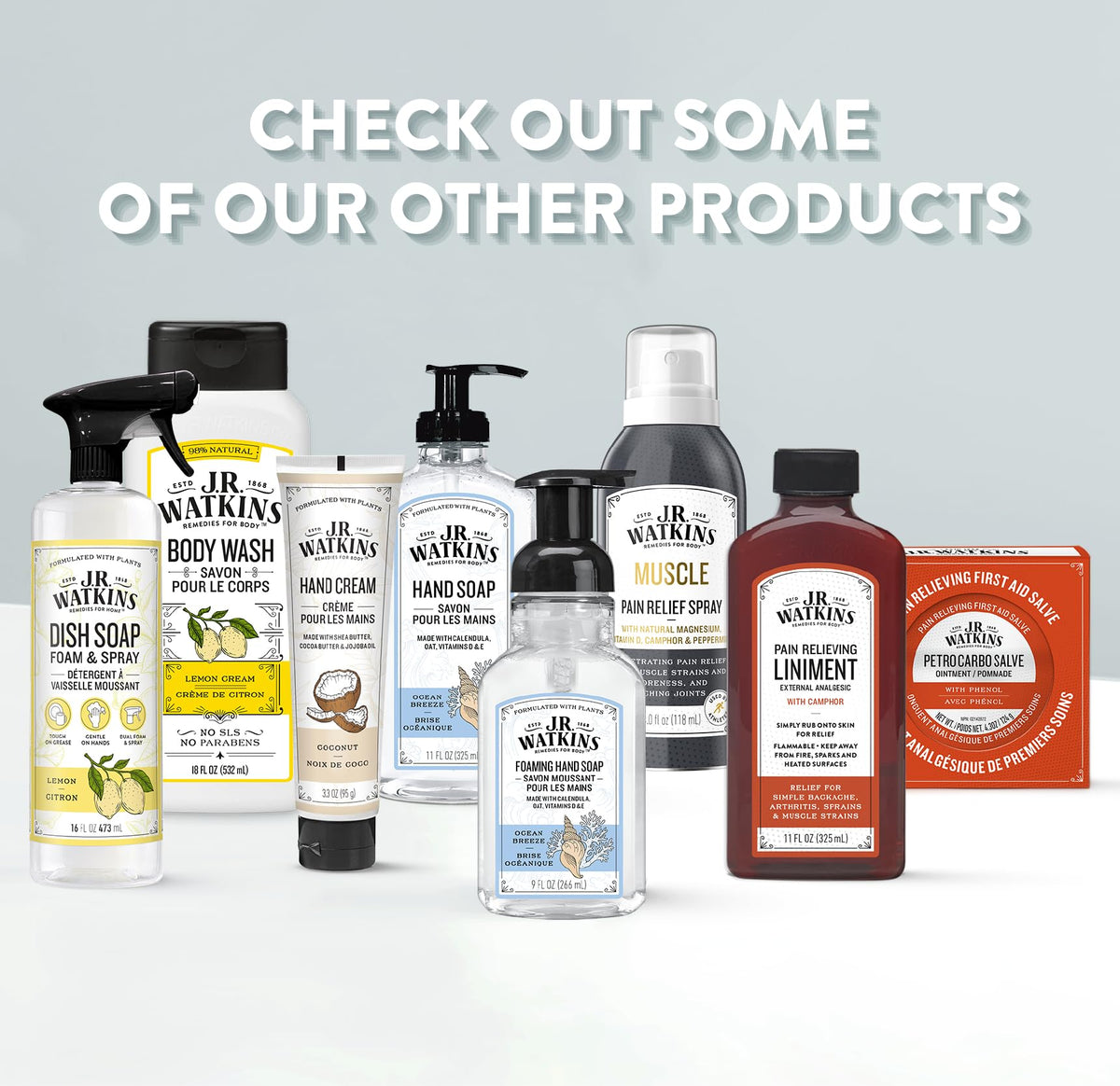 J.R. Watkins bottles staged in bathroom portraying a natural daily routine