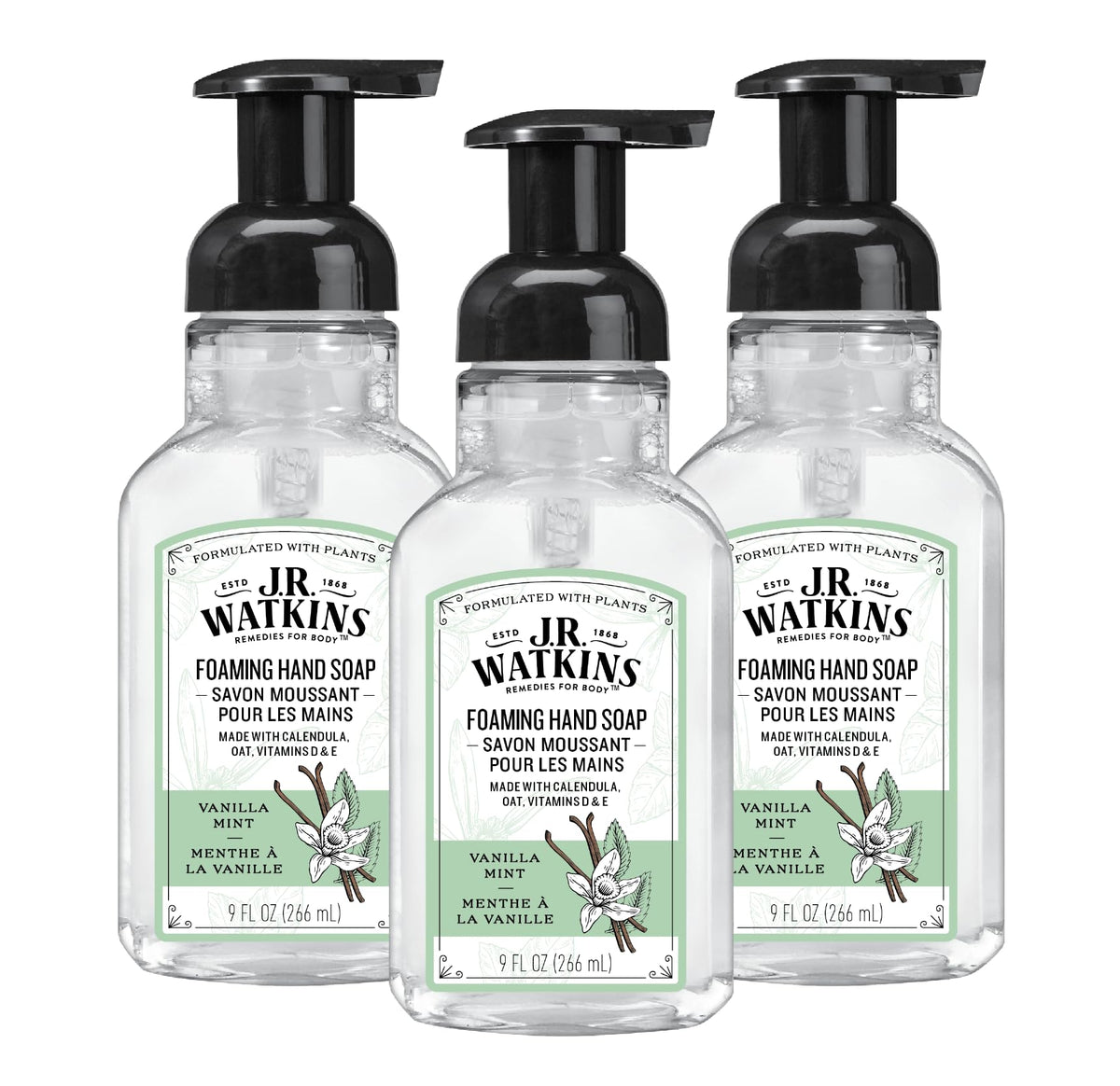 J.R. Watkins front packaging showing Vanilla Mint and moisturizing benefit