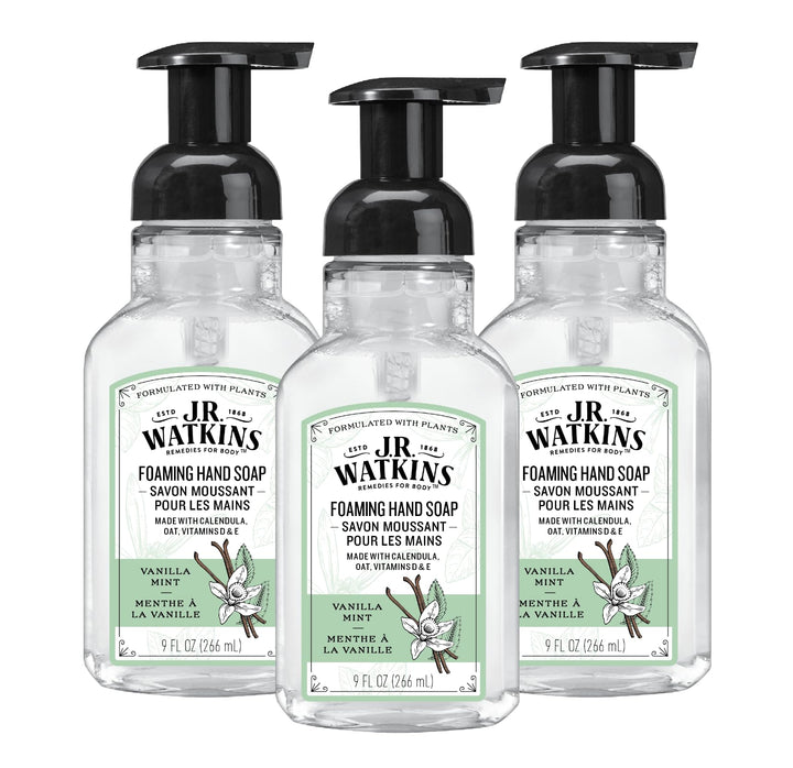 J.R. Watkins front packaging showing Vanilla Mint and moisturizing benefit