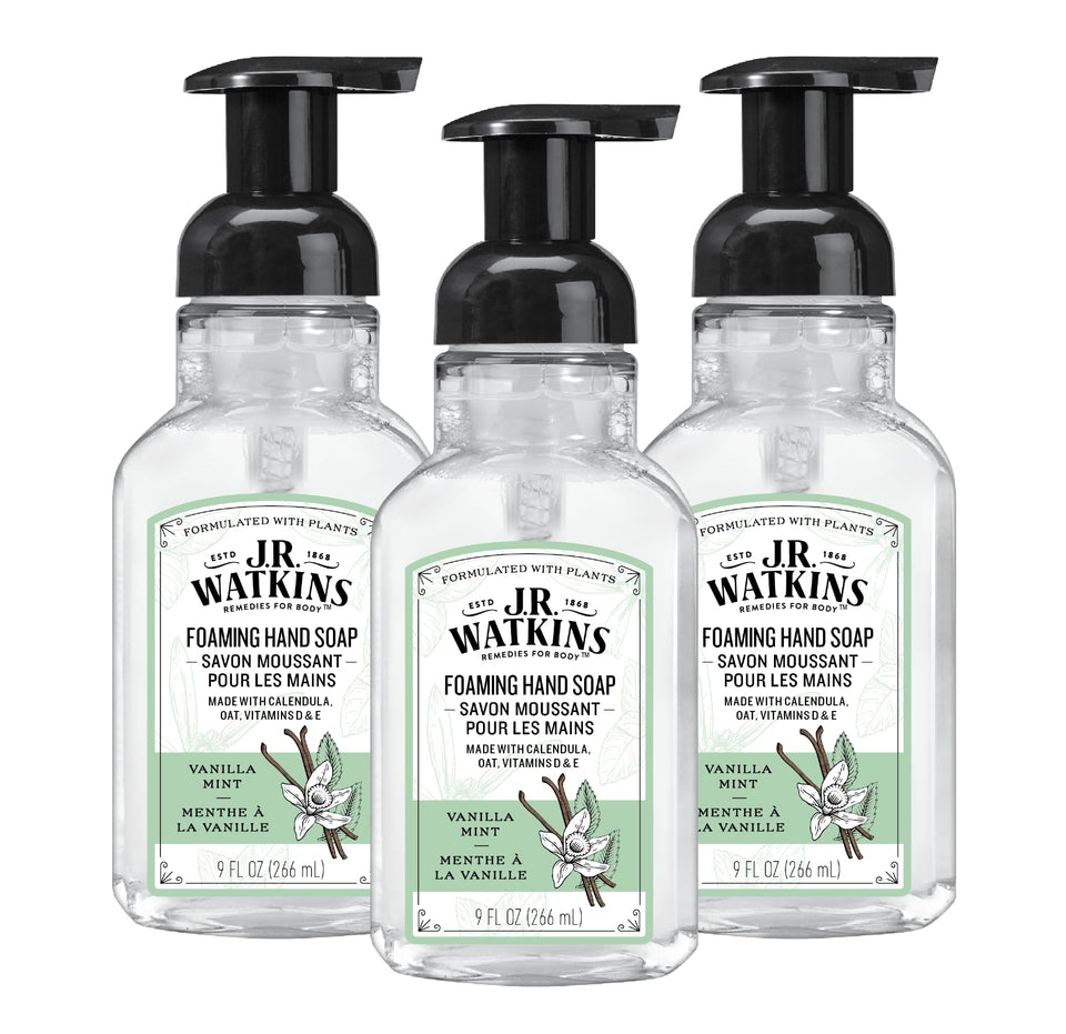 J.R. Watkins front packaging showing Vanilla Mint and moisturizing benefit