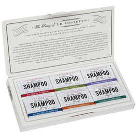 J·R·LIGGETT'S front packaging showing six travel shampoo bars, easy travel benefit