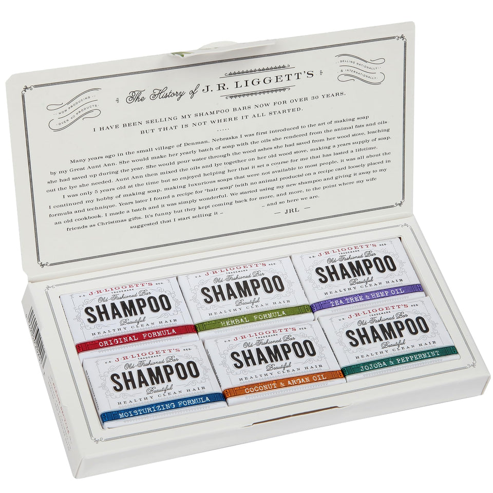 J·R·LIGGETT'S front packaging showing six travel shampoo bars, easy travel benefit