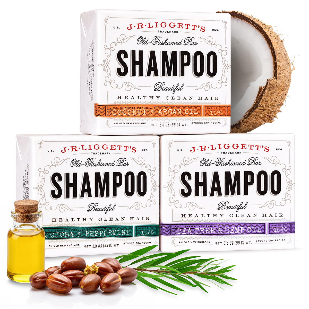 J·R·LIGGETT'S three-pack front packaging shows product trio and eco benefit