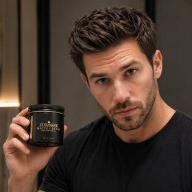 JS Sloane jar held in hand to show 4 oz scale and travel-friendly size