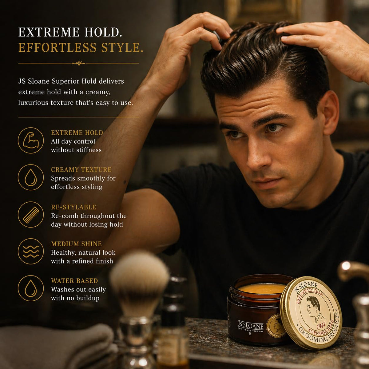 JS Sloane pomade on hands being worked in, demonstrates smooth application benefit