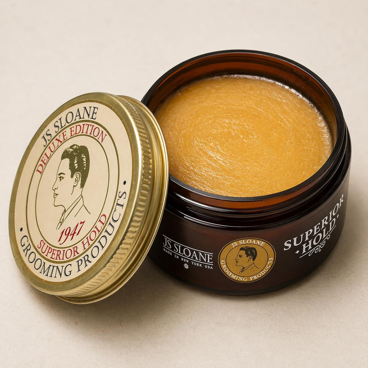 JS Sloane close-up of creamy pomade texture, shows easy spreadability benefit