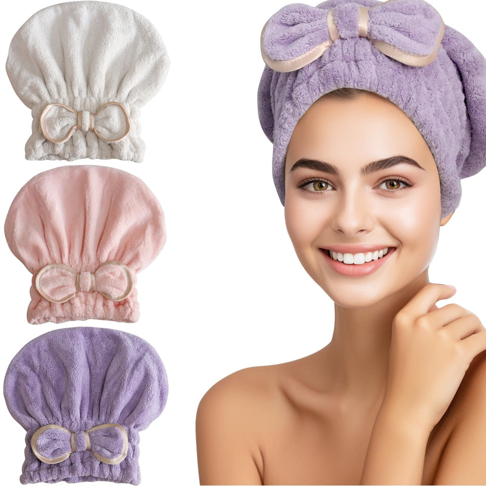 Jseng front view of bow-topped microfiber towel cap showing snug fit and fast-drying benefit