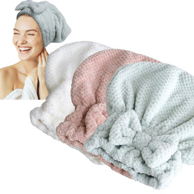 Jseng front view of three towel caps showing colors and packaging for quick selection