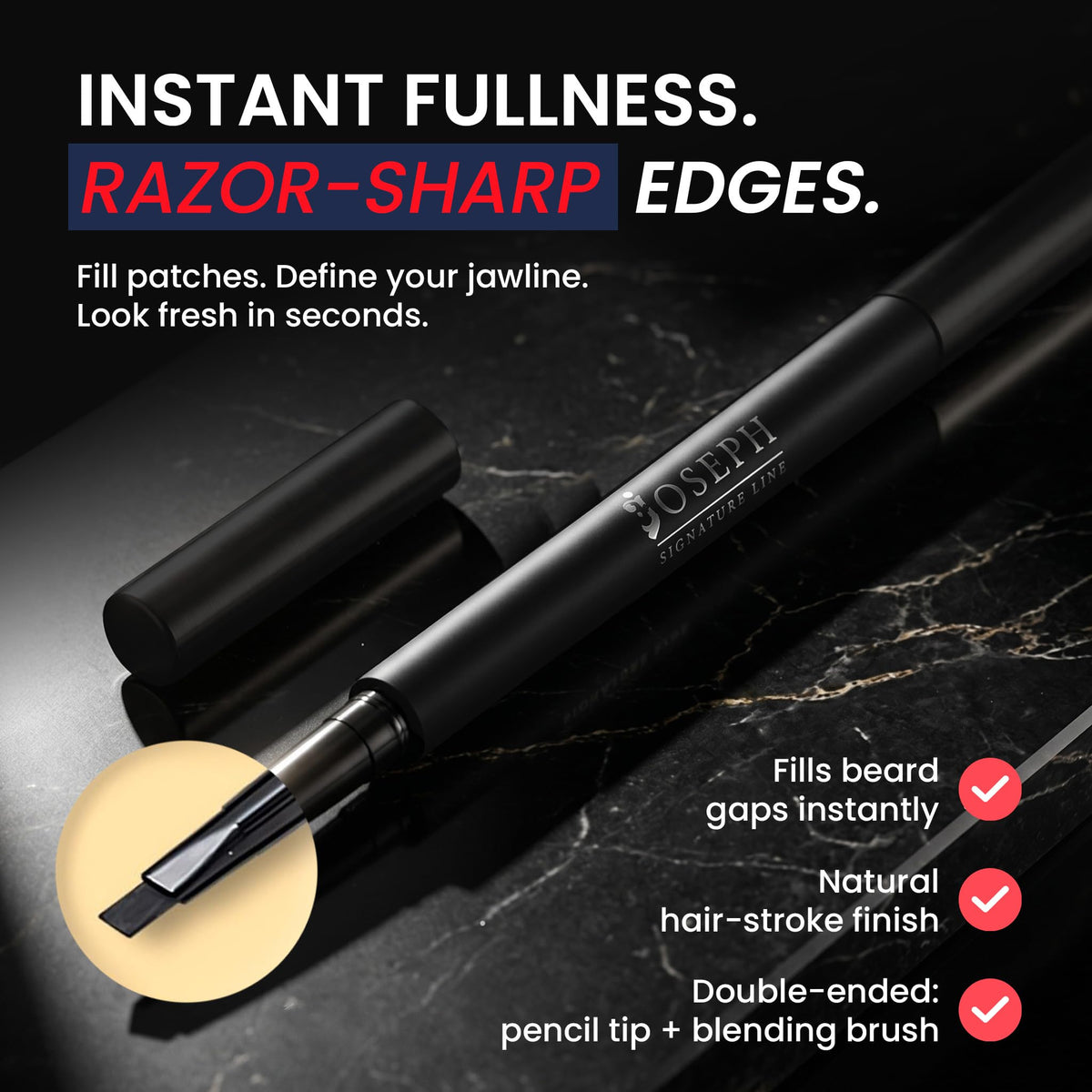Joseph Signature Line dual-ended pencil detail highlighting tip and spoolie durability