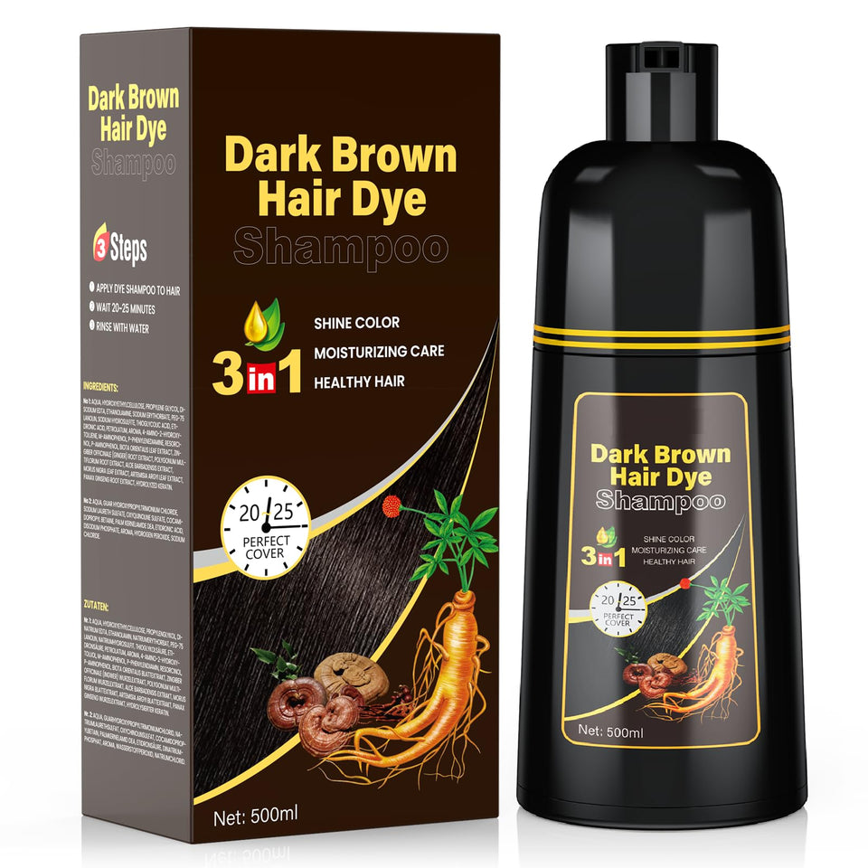 JUANCHI front bottle showing 500ml dark brown shampoo and easy-use benefit