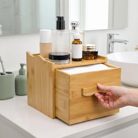 jucoan on bathroom counter in lifestyle scene for organized daily skincare routine