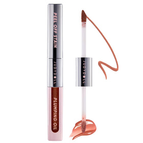 JUDYDOLL duo front packaging showing both stain and plumping oil, clear benefits