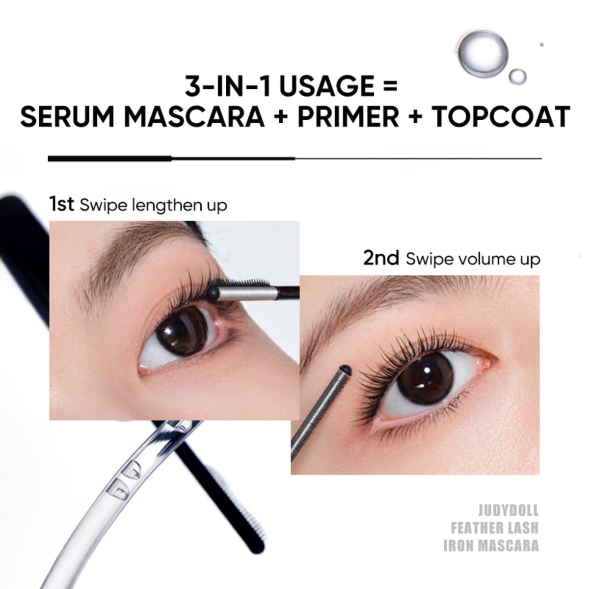 JUDYDOLL mascara texture on brush highlighting smooth, buildable formula benefit