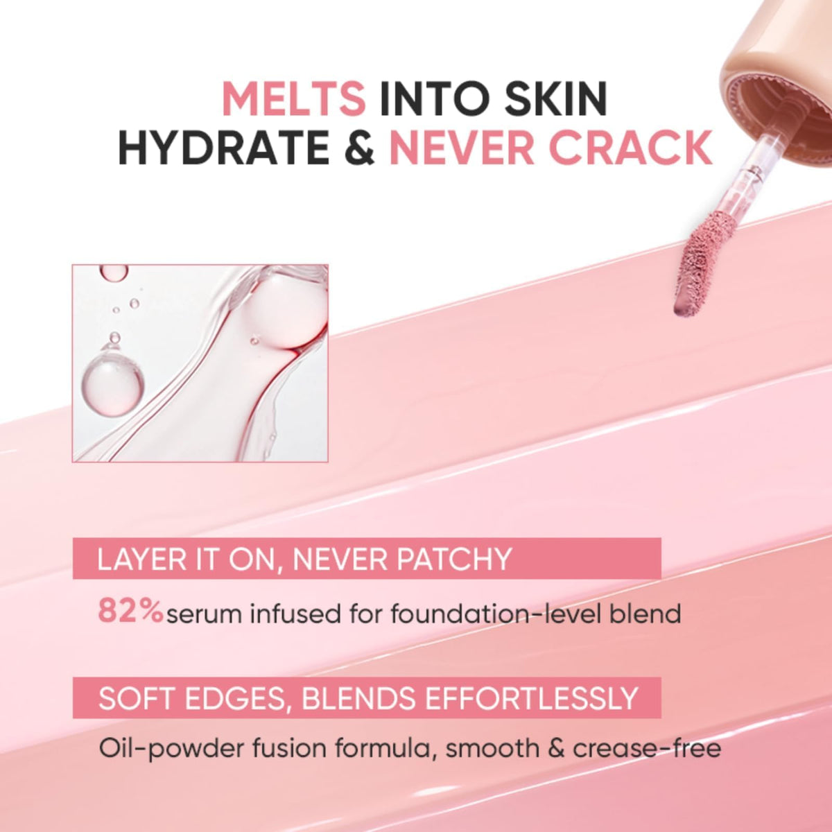 JUDYDOLL cheek application close-up showing blendable, dewy finish benefit