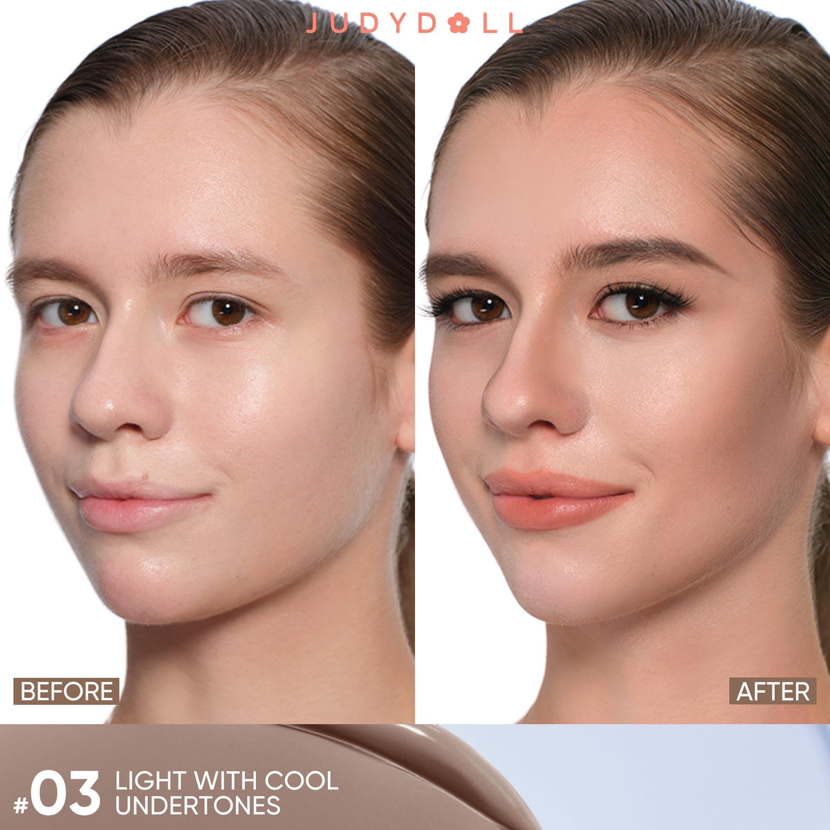 JUDYDOLL swatched texture on skin highlighting blendable, buildable finish and smooth coverage