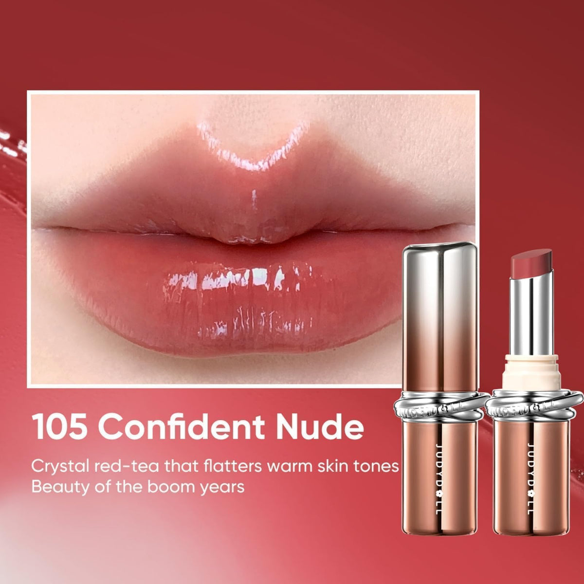 JUDYDOLL lipstick applied on model lips demonstrating confident nude color payoff