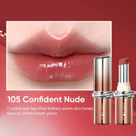 JUDYDOLL lipstick applied on model lips demonstrating confident nude color payoff