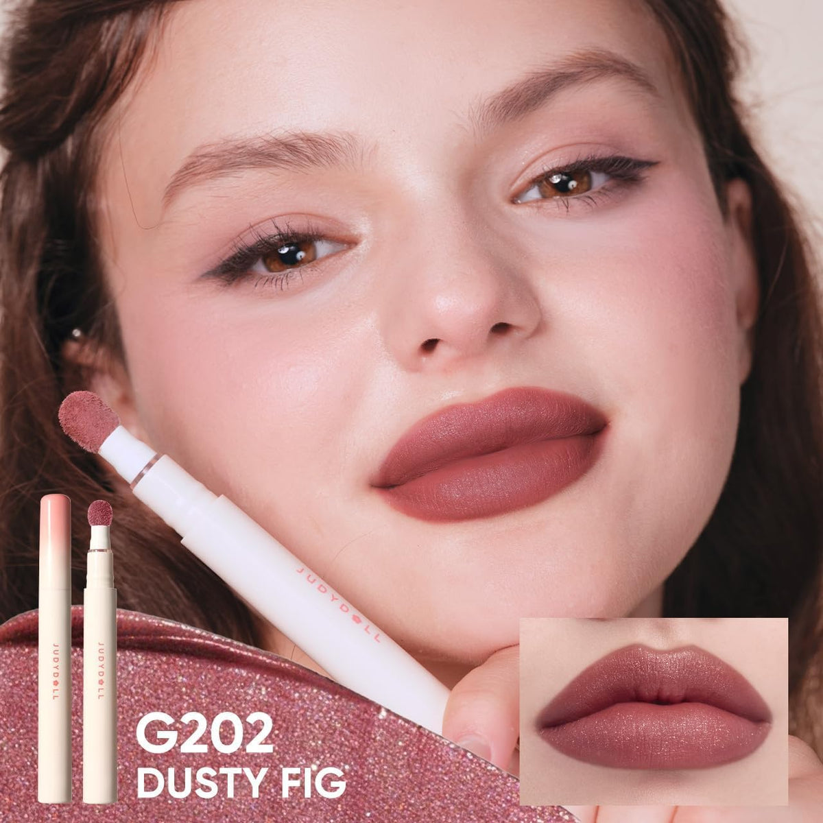JUDYDOLL swatch on skin showing true Dusty Fig color payoff