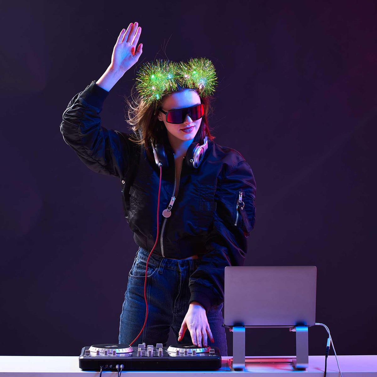 Juexica model wearing glowing cat ears at a party to boost visibility