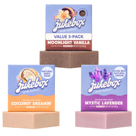 JUKEBOX front packaging of three scented natural soap bars, ideal for gifting