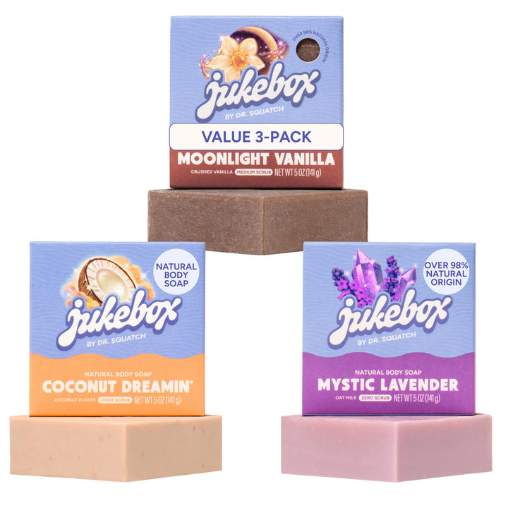 JUKEBOX front packaging of three scented natural soap bars, ideal for gifting