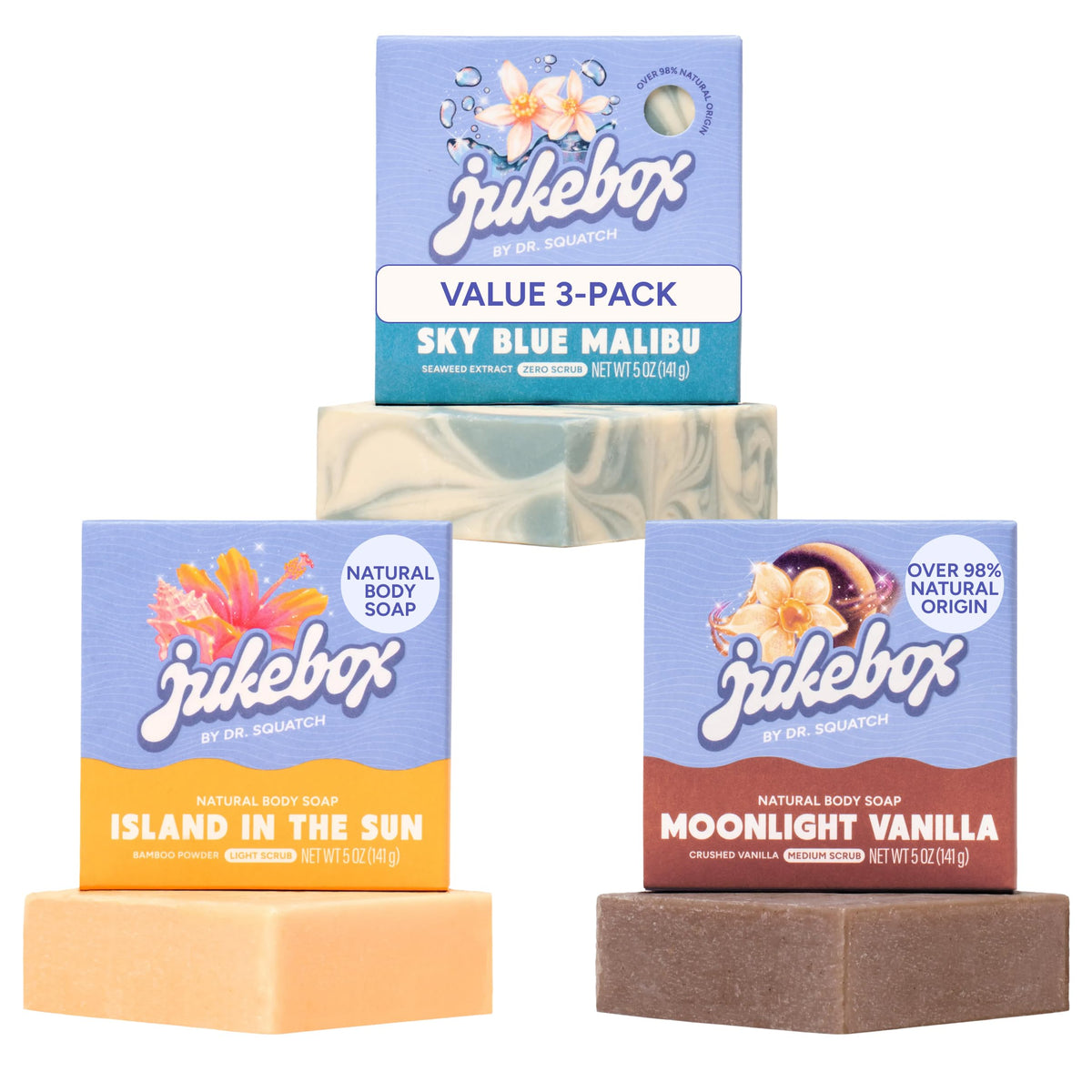 JUKEBOX front packaging showing three scented bars and natural appeal