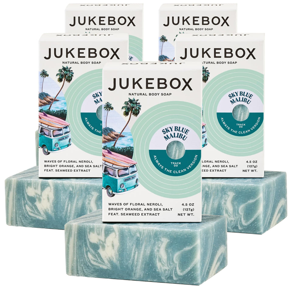 JUKEBOX front packaging showing five Sky Blue Malibu bars, clear branding and benefits